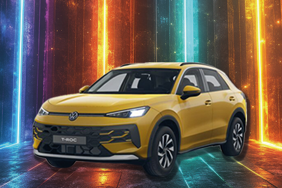 VW T-Roc aus dem Angebot vor buntem Hintergrund