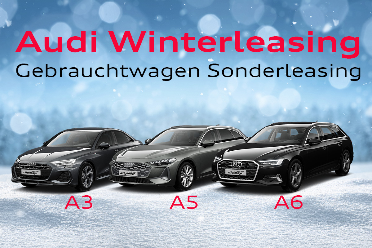 Winterbild mit Audi A3, A5 und A6 sowie Audi Winterleasing Schrift