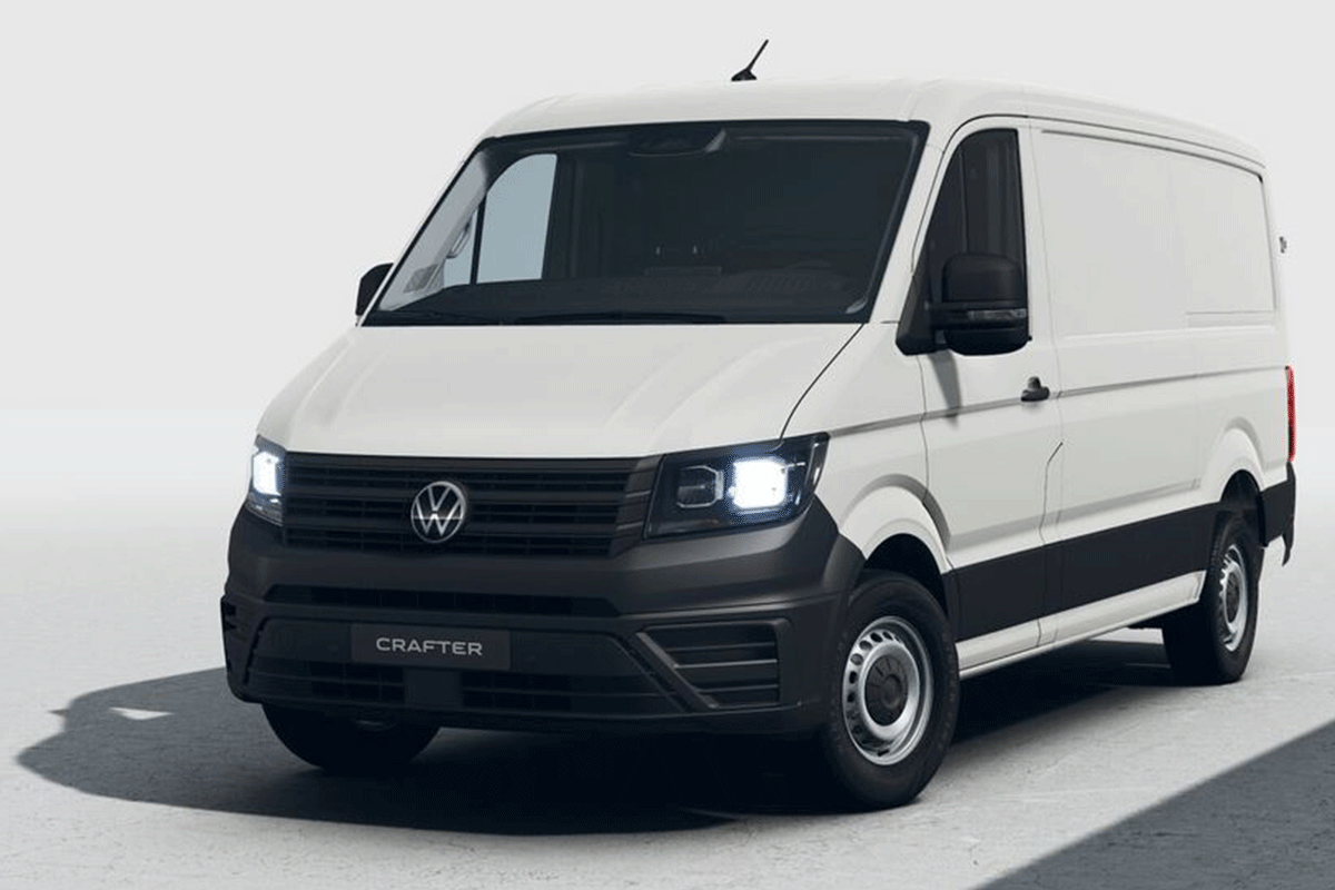 Bild zeigt den im linken Teil beworbenen Volkswagen Crafter im Leasingangebot für Firmenkunden